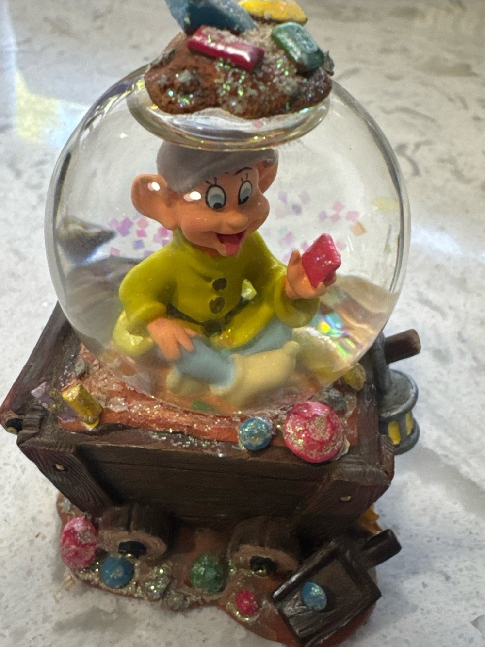 Disney Dopey Snow Globe Figurine with Yellow Jacket and Multicolor Accents
